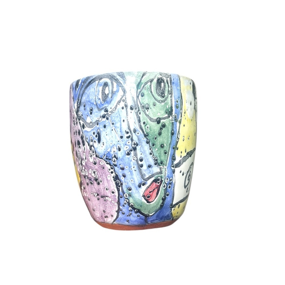 Handmade Colorful Abstract Ceramic Pottery Face Mug Signed